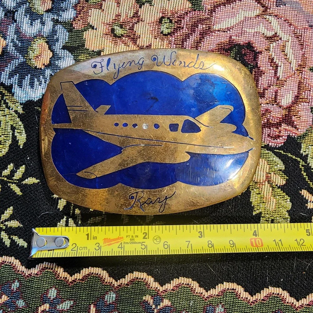 Vintage Aviation Belt Buckle Blue and Brass Flying Winds Ray